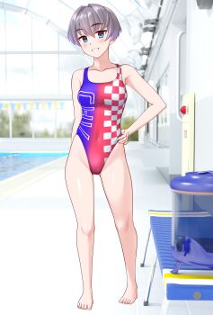 1girl absurdres barefoot bench blue_eyes breasts checkered_clothes commentary_request competition_swimsuit full_body gradient_swimsuit grey_hair grin hand_on_own_hip highleg highleg_one-piece_swimsuit highres indoors medium_breasts multicolored_swimsuit one-piece_swimsuit original poolside race_queen red_one-piece_swimsuit short_hair smile solo swimsuit takafumi variant_set