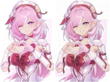 1girl ;) alt_text beret breasts cleavage earrings elf elysia_(hi_love_elf)_(honkai_impact) elysia_(honkai_impact) four-finger_heart_hands gloves hat heart heart_earrings heart_hands highres honkai_(series) honkai_impact_3rd jewelry large_breasts long_hair looking_at_viewer multiple_views one_eye_closed pink_hair pointy_ears purple_eyes single_glove smile suwa_(swk_kkk) very_long_hair white_background white_gloves