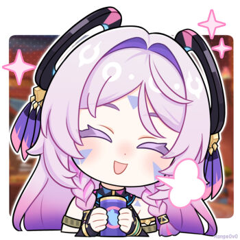 1girl ^_^ bare_shoulders blush braid chibi chibi_only citlali_(genshin_impact) closed_eyes commentary english_commentary facial_mark floating_headgear forehead_mark genshin_impact headgear holding jiu_fanglianhua long_hair nose_blush open_mouth pink_hair puff_of_air purple_hair solo star_(symbol) triangle triangle_facial_mark twin_braids upper_body very_long_hair