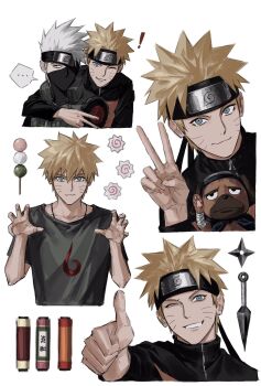 ! ... 2boys :3 blonde_hair blue_eyes dog facial_mark flak_jacket forehead_protector hatake_kakashi highres jacket kunai looking_at_viewer male_focus mask mouth_mask multiple_boys multiple_views naruto_(series) one_eye_closed pakkun_(naruto) paw_pose short_hair shuriken simple_background spiked_hair spoken_ellipsis sso_s thumbs_up translation_request upper_body uzumaki_naruto v weapon whisker_markings white_background white_hair