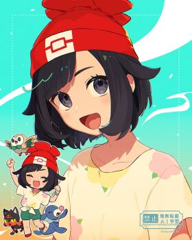 1girl :d arm_up beanie black_hair bracelet chibi closed_eyes collarbone commentary_request eyelashes floral_print gen_7_pokemon green_shorts grey_eyes hand_up happy hat highres jewelry knees litten looking_at_viewer multiple_views nintendo open_mouth pokemon pokemon_(creature) pokemon_sun_and_moon popplio red_hat rowlet selene_(pokemon) shirt shoes short_hair shorts smile starter_pokemon_trio toi_(nisanrei121) twitter_username watermark