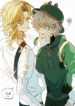 2boys absurdres backpack bag bandage_over_one_eye bandages bandages_over_eyes blonde_hair blush bucket_hat cheek_squash chullo closed_mouth eyelashes face_hold fang florian_brand florian_brand_(leonard) frog_charm frog_hat genshinimpactgaoshou gloves green_eyes green_hoodie hat highres hood hoodie identity_v layered_sleeves long_hair long_sleeves looking_at_another looking_at_viewer male_focus mole mole_under_mouth multiple_boys open_mouth pants richard_sterling shirt short_hair short_over_long_sleeves short_sleeves simple_background smile sparkle sweater tied_hoodie_strings wavy_hair white_background white_shirt yaoi yellow_eyes