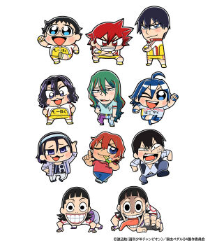 6+boys :3 :d ;d ahoge all_fours anger_vein angry arakita_yasutomo asymmetrical_legwear bear_position belt bike_jersey bike_shorts bkub black_belt black_eyes black_hair black_shirt black_shoes black_vest blue_eyes blue_hair blue_hairband blue_jacket blue_pants blue_shirt blue_shoes blue_shorts blush_stickers chibi chibi_only closed_mouth commentary_request copyright_notice crossed_arms cycling_uniform eating fingerless_gloves food full_body glasses gloves green_hair grid_teeth hair_between_eyes hairband highres holding holding_food imaizumi_shunsuke jacket long_hair looking_at_viewer makishima_yuusuke male_focus manami_sangaku midousuji_akira mismatched_legwear mole mole_under_eye mole_under_mouth multicolored_hair multiple_boys multiple_moles naruko_shoukichi official_art one_eye_closed onoda_sakamichi open_clothes open_jacket open_mouth pants purple_eyes purple_jacket purple_pants purple_shoes reaching reaching_towards_viewer red_eyes red_hair red_shirt red_streaks second-party_source shaded_face shinkai_hayato shirt shoes short_hair short_sleeves shorts simple_background smile socks spiked_hair streaked_hair striped_clothes striped_pants teshima_junta tongue tongue_out toudou_jinpachi two-tone_hair v-shaped_eyebrows vest wavy_hair white_background white_pants white_socks yellow_jacket yellow_shoes yellow_shorts yowamushi_pedal