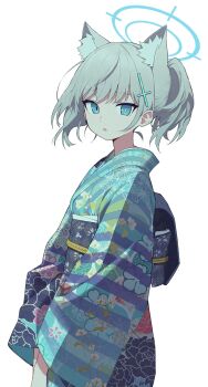 1girl alternate_costume animal_ears asa_no_ha_(pattern) billbung blue_archive blue_eyes blue_halo blue_kimono bright_pupils commentary cross extra_ears floral_print hair_ornament halo highres inverted_cross japanese_clothes kikkoumon kimono korean_commentary looking_at_viewer mismatched_pupils obi open_mouth peony_print ponytail print_kimono sash shippou_(pattern) shiroko_(blue_archive) simple_background solo white_background white_hair white_pupils wide_sleeves wolf_ears wolf_girl yukata