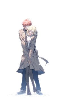 1boy 1girl artoria_pendragon_(fate) baboteolsegongsa blonde_hair blush coat couple emiya_shirou fate/stay_night fate_(series) hetero highres hug hug_from_behind long_coat pants red_hair saber_(fate) shoes smile tall_male