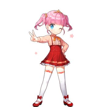 1girl aged_down akane_garnet aqua_eyes choker dress gold_tiara one_eye_closed orange_choker orange_shirt pink_hair red_dress red_shoes salt_(salty) shirt shoes short_hair smile standing thighhighs twintails uchi_no_hime-sama_ga_ichiban_kawaii v white_thighhighs