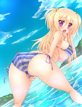 1girl ashling_(no-plan) ass bikini blonde_hair blush breasts covered_erect_nipples female_focus fish_hook highres hook huge_breasts large_breasts long_hair looking_back ocean open_mouth original purple_eyes see-through_clothes side-tie_bikini_bottom sideboob solo swimsuit thighs underboob water wet