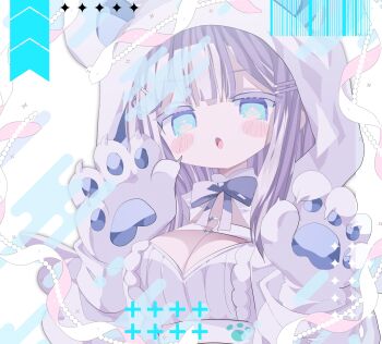 1girl :o absurdres animal_hands animal_hood bear_hood blue_bow blue_bowtie blue_eyes blunt_bangs blush_stickers bow bowtie breasts claws cleavage cleavage_cutout clothing_cutout commentary_request grey_eyes hakua_aa highres hood hood_up large_breasts long_hair looking_at_viewer open_mouth original solo upper_body white_background