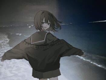 1girl black_eyes black_hair black_skirt black_sweater looking_at_viewer ocean original outstretched_arms si_(wooupp) skirt sweater