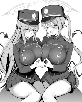 2girls absurdres aged_up alternate_breast_size_(larger) blue_archive blush breasts commentary demon_girl demon_tail fang greyscale halo hat heart heart_hands heart_hands_duo high_ponytail highres hikari_(blue_archive) large_breasts long_hair metsu_end miniskirt monochrome multiple_girls nozomi_(blue_archive) pantyhose pleated_skirt pointy_ears ponytail siblings simple_background sisters sitting skin_fang skirt tail twins white_background