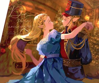 Rule 34 | 1boy, 1girl, black hat, blue dress, blue jacket, blurry, blurry background, braid, clara (the nutcracker), clara (the nutcracker) (cosplay), cosplay, couple, cow, crown braid, dancing, dress, earrings, epaulettes, hair ornament, hairclip, hat, hetero, highres, jacket, jewelry, link, long hair, looking at another, medium hair, military hat, military uniform, nintendo, parted bangs, pointy ears, ponytail, princess zelda, puffy short sleeves, puffy sleeves, seusojeldaleul-wihaejug-eum, short sleeves, sidelocks, the legend of zelda, the legend of zelda: breath of the wild, the nutcracker (character), the nutcracker (character) (cosplay), triforce