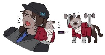 Rule 34 | 14 shizu, 1boy, animalization, black shirt, black vest, blue necktie, brown hair, cat, chinese commentary, closed eyes, collared shirt, commentary request, extra arms, fang, heathcliff (project moon), highres, jacket, limbus company, multicrack office (identity) (project moon), necktie, open mouth, project moon, red jacket, scar, scar across eye, scar on face, shirt, siamese cat, simple background, single tear, vest, w corp. (identity) (project moon), white background, yawning