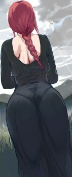 1girl absurdres alternate_costume ass ass_focus back_cutout backless_dress backless_outfit black_dress braid chainsaw_man clothing_cutout cloud commentary dress from_behind grass grey_sky hews highres long_hair long_sleeves makima_(chainsaw_man) mountain mountainous_horizon outdoors overcast panties_visible_through_clothes red_hair shoulder_blades sidelocks sky solo standing thighs