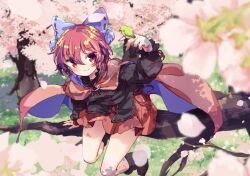 Rule 34 | 1girl, bird, bird on hand, blush, bow, cape, cherry blossoms, closed mouth, commentary, full body, hair bow, isu (is88), long sleeves, looking at viewer, red cape, red eyes, red hair, red skirt, sekibanki, short hair, sitting on branch, skirt, touhou, tree