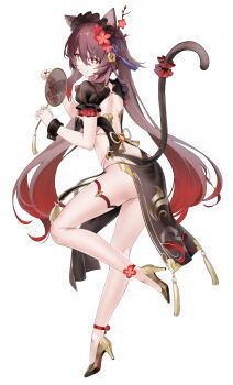 1girl absurdres alternate_costume animal_ears bare_legs black_wrist_cuffs brown_hair cat_ears cat_tail flower-shaped_pupils from_behind full_body genshin_impact gold_shoes hair_between_eyes hair_ornament hand_fan headdress high_heels highres holding holding_fan hu_tao_(genshin_impact) janload1ng long_hair looking_at_viewer red_eyes shoes simple_background smile solo symbol-shaped_pupils tail twintails very_long_hair white_background wrist_cuffs