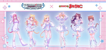 6+girls animal_ears blonde_hair blue_eyes brown_eyes brown_hair cat_ears cat_tail detached_sleeves dress earrings english_text fujimoto_rina full_body fur_trim green_eyes grey_eyes hat heart heart_hands high_heels holding holding_microphone idolmaster idolmaster_cinderella_girls idolmaster_cinderella_girls_starlight_stage japanese_text jewelry jougasaki_mika kita_hinako low_twin_braids microphone miyamoto_frederica multiple_girls official_art ohtsuki_yui one_eye_closed open_mouth pink_hair promotional_art shimamura_uzuki tail thighhighs twin_braids yellow_eyes