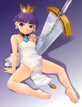 1girl arm_support atlus barefoot breasts collar crown earrings feet female_focus flat_chest gold_crown gradriel gradriel_de_valendia jewelry nipples no_bra no_panties princess_crown purple_background purple_eyes purple_hair reflection see-through_clothes soles solo spread_legs stupa13a sword toes weapon white_background
