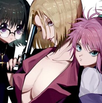 Rule 34 | 3girls, aquiline nose, black hair, blonde hair, bowl cut, breasts, cleavage, collar, collarbone, glasses, green eyes, gun, hunter x hunter, looking at viewer, machi komacine, multiple girls, nose, pakunoda, pink hair, purple eyes, red eyes, shizuku murasaki, weapon