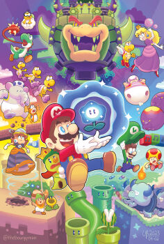 3girls 6+boys :d afterimage angry arm_up arms_up artist_name balloon_toadette bare_arms beamed_eighth_notes black_dress block_(mario) blonde_hair blue_eyes blue_flower blue_overalls blue_pants blue_sky blue_toad_(mario) bowser brick brown_footwear brown_hair bubble bubble_peach bulrush_(mario) bush castle_bowser clenched_teeth closed_mouth cloud commentary crown dated day dress drill drill_daisy earrings elbow_gloves elephant elephant_toad_(mario) english_commentary eyelashes facial_hair fire_toad_(mario) fireball flagpole flower flower_earrings flying_sweatdrops glasses gloves gradient_sky grass green_shirt grin hands_up hat high_heels highres hill holding holding_unworn_clothes holding_unworn_hat hoppo_(mario) horns inchworm_pipe jewelry koopa_paratroopa koopa_troopa lakitu lakitu's_cloud long_hair long_sleeves long_tongue looking_at_another luigi marimba_block mario mario_(series) medium_hair melon_piranha_plant motion_lines multiple_boys multiple_girls musical_note mustache nintendo on_cloud open_clothes open_mouth open_vest orange_shoes overalls pants poplin_(mario) prince_florian princess_daisy princess_peach puffy_short_sleeves puffy_sleeves purple_dress purple_flower purple_sky red_footwear red_shirt red_vest revision rolla_koopa roller_skates running seed sharp_teeth shirt shoes short_hair short_sleeves signature skates skedaddler sky smile smoke sparkle sphere_earrings spikes spiny_egg sunset super_mario_bros._wonder talking_flower_(mario) teeth thebourgyman toad_(mario) toadette tongue tongue_out tree twitter_username unworn_hat unworn_headwear upper_teeth_only v-shaped_eyebrows vest warp_pipe white_gloves white_wings wide-eyed wings wonder_flower yellow_toad_(mario) yoshi