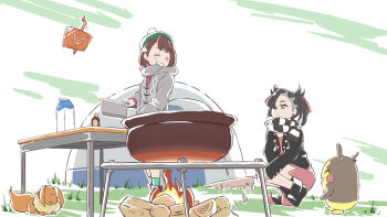 2girls asymmetrical_bangs black_footwear black_jacket black_scarf blush bottle brown_footwear brown_fur brown_hair cable_knit campfire camping cellphone cleaver closed_eyes closed_mouth cooking cooking_pot dress drink_carton earrings eevee eyelashes fanning fire gen_1_pokemon gen_4_pokemon gen_8_pokemon gloria_(pokemon) grass green_eyes green_hat green_socks grey_jacket grey_scarf hair_over_one_eye hair_ribbon hat highres holding holding_cleaver jacket jewelry leather leather_jacket marnie_(pokemon) milk_carton morpeko morpeko_(full) multiple_girls nintendo open_clothes open_jacket open_mouth outdoors phone pink_dress pokemon pokemon_(creature) pokemon_swsh pom_pom_(clothes) red_eyes red_ribbon ribbon rotom rotom_phone scarf short_hair sirokuma sleeping smartphone smile socks squatting standing striped_clothes striped_scarf table tam_o'_shanter tent twintails two-tone_scarf undercut white_scarf