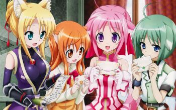 Rule 34 | 10s, 4girls, :d, ahoge, animal ear fluff, animal ears, bare shoulders, blonde hair, blue eyes, breasts, cape, dog days, dog ears, dog tail, dress, eclair martinozzi, fingerless gloves, fox ears, fox tail, gloves, green eyes, green hair, hair ribbon, highres, japanese clothes, large breasts, long hair, mail, millhiore f. biscotti, multiple girls, official art, open mouth, orange eyes, orange hair, pink hair, purple eyes, ribbon, ricotta elmar, scroll, short hair, smile, standing, tail, yukikaze panettone