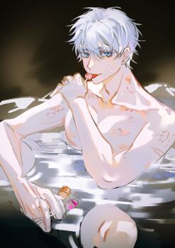 1boy artist_request bishounen bite_mark bite_marks blue_eyes candy food gojou_satoru hickey highres holding holding_candy holding_food holding_lollipop hot_tub jujutsu_kaisen licking lollipop looking_at_viewer male_focus pale_skin solo white_hair