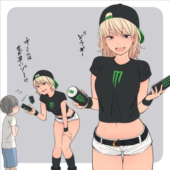 1boy 1girl afterimage age_difference backwards_hat baseball_cap belt blonde_hair border breasts can child cropped_shirt earrings flying_sweatdrops grey_background hat highres jewelry kemuri_haku kneehighs leaning_forward long_hair looking_at_viewer medium_breasts midriff monster_energy navel onee-shota open_mouth original outside_border shirt short_hair short_shorts shorts simple_background socks stud_earrings t-shirt teenage_girl_and_younger_boy thigh_gap translated white_border white_shorts wristband