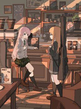 2girls absurdres bang_dream! bang_dream!_it's_mygo!!!!! black_socks blazer blue_eyes brown_hair brown_shoes cafe chihaya_anon chinese_commentary closed_mouth coffee_maker collared_shirt commentary_request commission counter cup fang from_side full_body green_skirt grey_eyes grey_jacket guitar_case haneoka_school_uniform highres indoors instrument_case jacket jar jjwcj loafers long_hair long_sleeves looking_at_another multiple_girls nagasaki_soyo necktie on_stool open_mouth picture_frame pink_hair plaid_clothes plaid_skirt plant pleated_skirt potted_plant profile school_uniform second-party_source shelf shirt shoes sidelocks sitting skirt slice_of_life smile socks standing stool striped_clothes striped_necktie table tsukinomori_school_uniform white_shirt winter_uniform wooden_floor