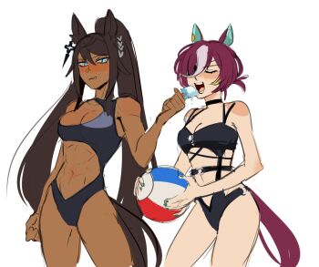2girls abs animal_ears ball bare_shoulders beachball black_choker black_hair black_one-piece_swimsuit blue_eyes blush boro^2 breasts brown_hair casual_one-piece_swimsuit choker closed_eyes closed_mouth collarbone commentary dark-skinned_female dark_skin earrings english_commentary eyepatch food hair_between_eyes hair_over_one_eye highres holding holding_ball holding_beachball holding_food holding_popsicle horse_ears horse_girl horse_tail jewelry large_breasts long_hair medium_breasts melting_popsicle multicolored_hair multiple_girls navel one-piece_swimsuit open_mouth ponytail popsicle short_hair single_earring sketch stomach streaked_hair swimsuit symboli_kris_s_(umamusume) tail tanino_gimlet_(umamusume) teeth umamusume white_hair