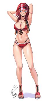 1girl absurdres arm_behind_head armpits artist_name bikini blue_eyes breasts cleavage code_geass dated feet highres jacket jewelry kouzuki_kallen large_breasts looking_at_viewer multicolored_jacket navel necklace red_bikini red_hair red_nails sandals short_hair simple_background solo stomach swimsuit two-tone_jacket visor_cap white_background yoo_tenchi