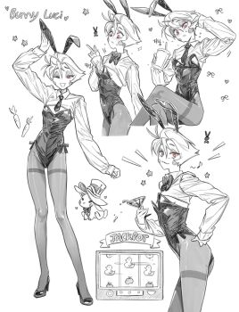 Rule 34 | 1boy, :3, ;d, alternate costume, animal ears, animalization, bandaid, bandaids on nipples, blush, bow, bowtie, carrot, character name, circle facial mark, cocktail glass, collared shirt, collared shrug, commentary, crossed legs, cup, drinking glass, english text, facial mark, fake animal ears, greyscale, half-closed eyes, hand on own hip, hand up, hat, hazbin hotel, heart, hellaverse, high heels, highleg, highleg leotard, highres, holding, holding cup, korean commentary, leotard, long legs, long sleeves, lucifer morningstar (hazbin hotel), male focus, male playboy bunny, monochrome, multiple views, necktie, one eye closed, open mouth, oversized breast cup, palsam83e, pantyhose, parted lips, pasties, pectorals, person and animalization, rabbit, rabbit ears, red eyes, shirt, short hair, shrug (clothing), sidepec, simple background, sitting, slot machine, smile, spot color, standing, strapless, strapless leotard, sweat, top hat, wing collar