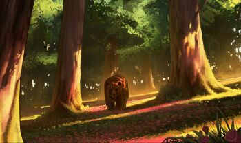 animal bear brown_bear commentary english_commentary flower grass highres jocelin_carmes moss nature no_humans original outdoors pink_flower pink_rose rose scenery shade tree