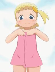 1girl :d animated artist_collaboration blonde_hair blue_eyes blush bonnie_(pokemon) bubukka convenient_censoring convenient_head cute_censored dedenne dr._arevix flashing flat_chest gen_6_pokemon grin groin loli looking_at_viewer naked_towel nintendo nipples nude open_mouth pokemon pokemon_(anime) pokemon_(creature) pokemon_xy_(anime) short_hair side_ponytail smile standing towel undressing video