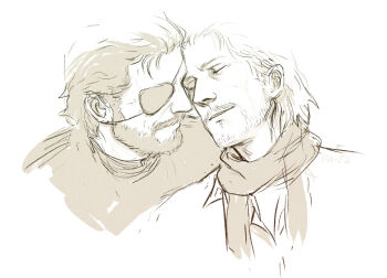 2boys beard big_boss cropped_torso donlemefo eyepatch facial_hair greyscale hair_behind_ear male_focus mature_male medium_hair metal_gear_(series) metal_gear_solid_v:_the_phantom_pain monochrome multiple_boys one_eye_covered parted_lips revolver_ocelot scarf shirt simple_background sketch smile teeth turtleneck white_background yaoi
