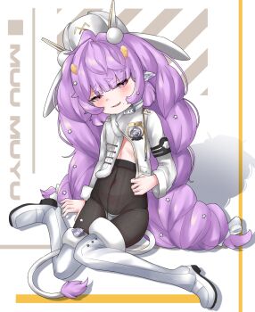 1girl animal_ears blanc_(nikke) blush braid covered_navel cow_ears cow_tail equus_ignis highres horns loli long_hair looking_at_viewer mole muu_muyu panties pantyhose phase_connect pink_eyes purple_hair smile solo tagme tail underwear very_long_hair virtual_youtuber
