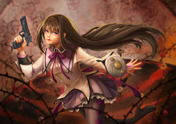 1girl akemi_homura akemi_homura_(magical_girl) black_boots black_hair black_pantyhose boots bow bowtie collared_shirt commentary dismayarts english_commentary gun hairband handgun highres holding holding_gun holding_weapon long_hair long_sleeves magical_girl mahou_shoujo_madoka_magica mahou_shoujo_madoka_magica_(anime) painttool_sai_(medium) pantyhose photoshop_(medium) plant purple_bow purple_bowtie purple_eyes purple_nails purple_sailor_collar purple_skirt ribbon sailor_collar shield shirt skirt solo soul_gem thighhighs vines weapon white_shirt witch's_labyrinth