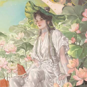 1boy absurdres bandaged_arm bandaged_neck bandages black_hair blue_sky brown_eyes brown_hair chinese_clothes closed_mouth day feet_out_of_frame flower food fruit hair_bun hair_ribbon half_updo hanfu hat highres holding holding_food holding_fruit incredibly_absurdres jewelry leaf leaf_hat lily_pad long_hair lotus lotus_leaf male_focus official_art outdoors pants pink_flower ribbon robe single_hair_bun sitting sky sleeve_rolled_up smile solo starember summer third-party_source tianguan_cifu watermelon watermelon_slice white_hanfu white_ribbon xie_lian