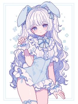 1girl animal_ear_hairband animal_ears blue_bow blue_bowtie blue_hairband blue_leotard blush bow bowtie closed_mouth collared_shirt commentary_request cowboy_shot dot_nose fake_animal_ears frilled_leotard frilled_wrist_cuffs frills hairband hand_up leotard long_hair looking_at_viewer original pixel_art purple_eyes rabbit_ear_hairband rabbit_ears shirt short_sleeves shusi_(6muuu3) signature solo white_hair white_shirt wrist_cuffs