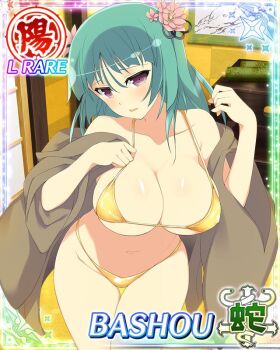 1girl bashou_(senran_kagura) bikini blush border breasts card_(medium) cleavage covered_erect_nipples flower game_cg gold_bikini golden_week green_hair hair_flower hair_ornament hanging_scroll large_breasts leaning_forward long_hair looking_at_viewer micro_bikini navel nervous non-web_source official_alternate_costume official_art open_mouth paintbrush_hair_ornament pink_flower purple_eyes removing_coat scroll senran_kagura senran_kagura_new_wave shiny_swimsuit sideways_glance skindentation solo stomach string_bikini swimsuit