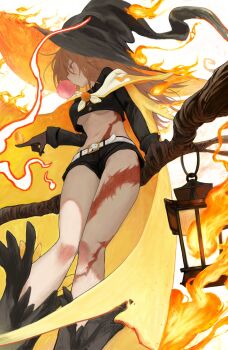 absurdres belt black_hat black_shirt black_shorts blowing_bubble_gum breasts brown_gloves burn_scar cape character_request chewing_gum cropped_shirt fire gloves hat highres index_finger_raised isekai_samurai lantern large_hat long_sleeves looking_to_the_side midriff navel pointing revealing_clothes scar shirt short_shorts shorts sitting soondi underboob white_belt witch witch_hat yellow_cape