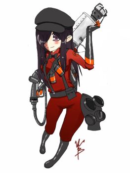 Rule 34 | 1girl, bad id, bad tumblr id, bow, bowtie, cosplay, explosive, female focus, flamethrower, full body, gas mask, hair over one eye, hat, holding flamethrower, holding weapon, ikezawa hanako, katawa shoujo, lolicage, mask, purple eyes, purple hair, pyro (tf2), red pyro (tf2), scar, simple background, smile, solo, team fortress 2, the pyro (cosplay), weapon