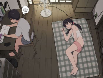 1boy 1girl alarm_clock barefoot black_hair book brother_and_sister cable chair chest_of_drawers clock closet desk desk_lamp electric_fan electrical_outlet female_masturbation highres indoors lamp loli long_hair low_twintails lying masturbation notice_lines on_chair on_side original pepper0 short_hair shouji siblings sitting sliding_doors spoken_object strap_slip twintails wooden_chair wooden_desk wooden_floor