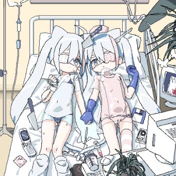 2girls animal_ears bandaged_hand bandages bed bikini bikini_under_clothes blue_bikini blue_eyes blue_gloves blue_hair blue_kimono borrowed_character cameltoe cassette_tape cat_ears cat_girl cat_tail cellphone closed_mouth commission computer computer_mouse covered_navel crt eyepatch feet_out_of_frame female_focus flat_chest flip_phone floppy_disk gloves hair_between_eyes hat holding_hands hospital_bed indoors intravenous_drip iv_stand jaggy_lines japanese_clothes kimono kneehighs knife knife_in_head light_blue_hair lokulo_no_mawashimono loli long_hair loose_socks lowres lying medical_eyepatch monitor multiple_girls navel nurse_cap object_through_head on_back on_bed one-piece_swimsuit one_eye_covered original phone pink_headwear pink_shirt pink_thighhighs pixiv_commission plant planted planted_knife planted_weapon potted_plant rubber_gloves see-through_clothes see-through_kimono see-through_shirt shirt short_kimono short_sleeves single_thighhigh socks striped_clothes striped_thighhighs sweat swimsuit swimsuit_under_clothes syringe tail thighhighs twintails very_long_hair weapon white_one-piece_swimsuit white_socks