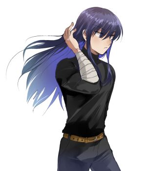 1boy bandaged_arm bandages belt black_pants black_shirt blue_eyes boris_jinneman brown_belt closed_mouth commentary_request cowboy_shot expressionless hair_between_eyes long_bangs long_hair looking_afar male_focus namosuke_(oetwmkekmz) pants purple_hair shirt sidelocks simple_background solo tales_weaver white_background