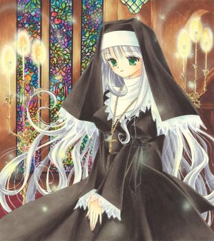 Rule 34 | 1girl, back bow, bow, candle, candlestand, church, commentary request, cross, cross necklace, dress, glint, gold necklace, green eyes, high collar, jewelry, juliet sleeves, lace-trimmed headwear, lace-trimmed sleeves, lace trim, long hair, long sleeves, marker (medium), necklace, nun, nun headdress, original, own hands together, puffy sleeves, sleeve bow, smile, solo, stained glass, tegaki no yuu, traditional media, very long hair, white hair