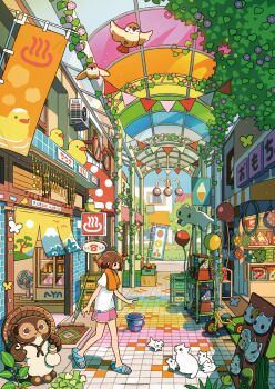 1girl absurdly_detailed_composition absurdres animal animal_balloon awning baby_animal balloon banner bird black_eyes blue_butterfly blue_sandals blush_stickers bottle box broom brown_bird brown_hair bucket bug building bunting bush butterfly cactus canopy_(shelter) cardboard_box cart cat cat_mask closed_mouth commentary_request complex_exterior condenser_unit crate day dolphin_shorts doormat electric_fan flip-flops flower food fox_mask fruit gashapon highres hyottoko_mask insect kitten looking_at_animal mask melon milk_bottle morning_glory net nobori noren onsen_symbol original outdoors pillar pink_flower pink_shorts plant potted_plant red_flower rubber_duck sandals shelf shirt short_hair short_shorts short_sleeves shorts skylight slice_of_life smile soap_bottle solo sparrow statue storefront t-shirt tanuki tao_(tao15102) tile_floor tiles towel towel_around_neck toy_car toy_packaging toy_store translation_request tree tricycle unworn_mask walking washbowl white_butterfly white_cat white_shirt window yellow_butterfly