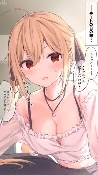 1girl ahoge bare_shoulders black_ribbon blonde_hair blonde_hair-chan_(ramchi) blush bra_strap breasts cleavage cleavage_cutout clothing_cutout collarbone fang frilled_shirt frills hair_between_eyes hair_ribbon highres jewelry large_breasts long_hair looking_at_viewer midriff motion_lines necklace original parted_lips ramchi red_eyes ribbon shirt sidelocks speech_bubble straight_hair sweat sweatdrop twintails white_shirt