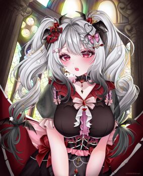 1girl arrow_through_heart artist_name black_dress blush bow breasts center_frills choker collarbone commentary cross_hair_ornament cupie_(vtuber) dress english_commentary eyelashes frilled_choker frills gradient_hair grey_hair hair_ornament heart heart_hair_ornament heart_in_eye highres horns indie_virtual_youtuber krashena multicolored_hair open_mouth pink_bow pink_eyes solo star_(symbol) star_hair_ornament symbol_in_eye translucent_horns twintails virtual_youtuber white_hair wing_hair_ornament