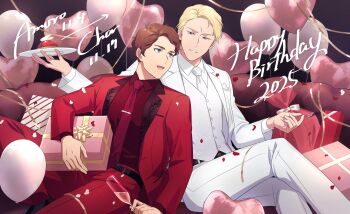 2025 2boys amuro_ray balloon belt black_belt blonde_hair champagne_flute char_aznable character_name commentary_request cup drinking_glass english_text formal_clothes gift gundam happy_birthday heart_balloon highres holding holding_cup jacket long_sleeves looking_at_another multiple_boys necktie nvig00 pants red_jacket red_necktie red_pants shirt smile suit white_jacket white_necktie white_pants white_shirt