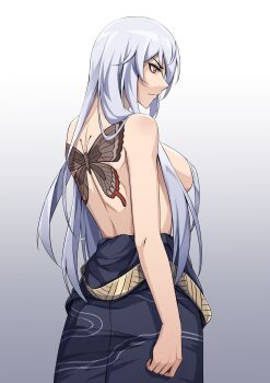 Rule 34 | 1girl, absurdres, back tattoo, breasts, butterfly tattoo, commentary request, convenient hair, from behind, gradient background, grey background, hair over breasts, highres, japanese clothes, large breasts, long hair, off shoulder, original, red eyes, sakuya (liao kj), serious, solo, tattoo, topless female, v-shaped eyebrows, white hair